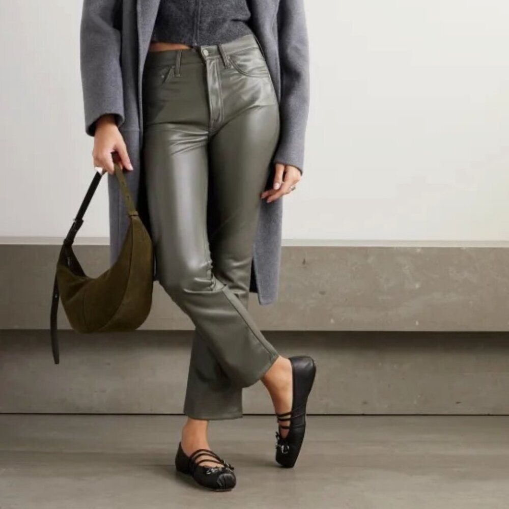 MOTHER Insider Flood faux leather cropped flared pants 26/Cinder Block BNWT